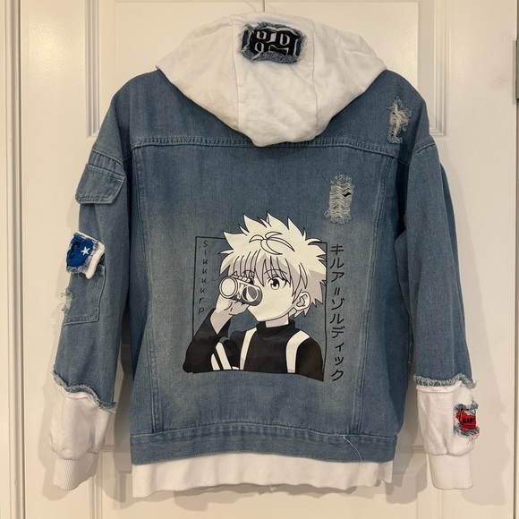 Denim Anime Hunter X Hunter Killua Hoodie Jacket w/ Patches - Picture 2 of 3